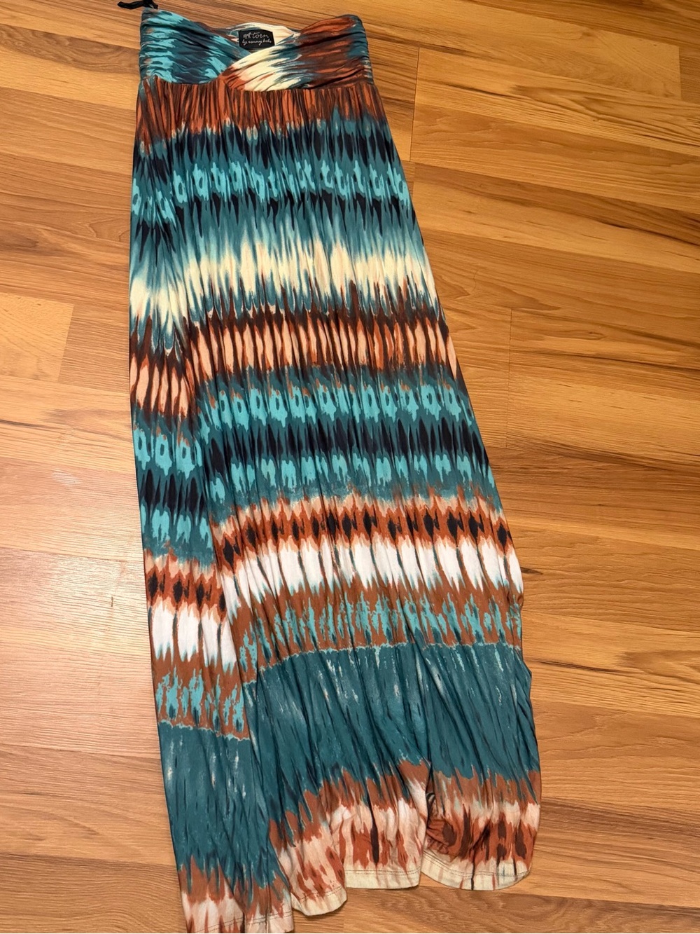 Torn by Ronny Kobo Teal, Brown & White Ikat Stripe Maxi Skirt